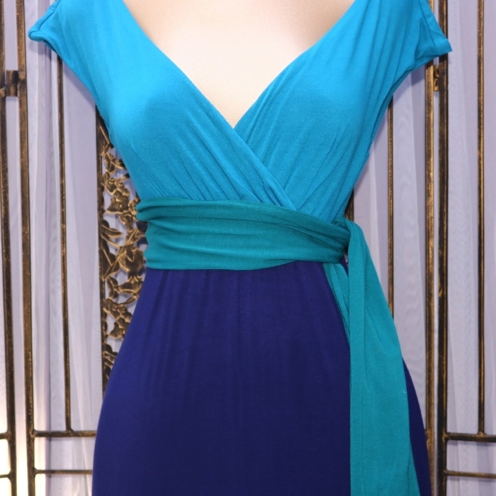 Tiffany Rose Jewel Block, Elegant Comfy Maternity Maxi Dress, Biscay Blue - Picture 2 of 10